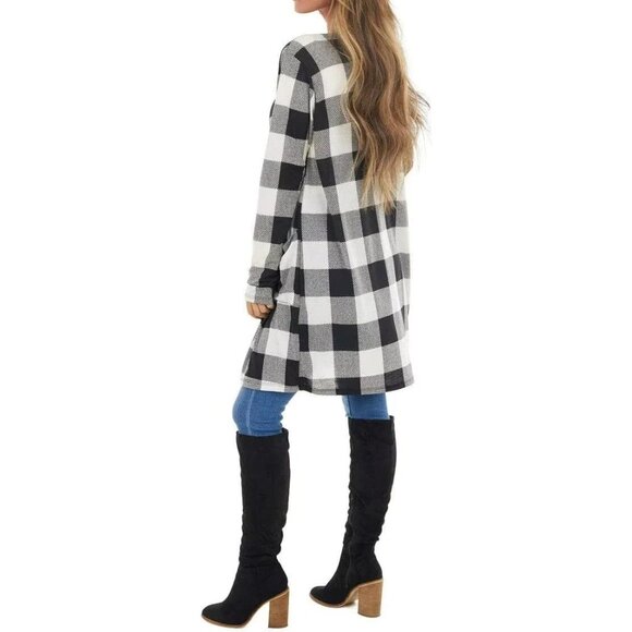Women's Buffalo Plaid Knit Long Cardigan V Neck Pockets Plus Size - Picture 5 of 6